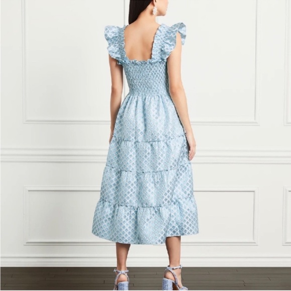 Hill House Ellie Nap Dress Snowflake Blue White Brocade Smocked Tiered Midi Sz S - Picture 10 of 13